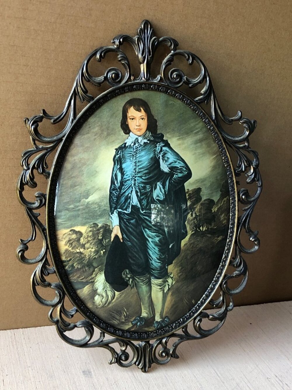 Antique Style Ornate Oval Framed Blue Boy Print Bubble Glass Convex Velvet Back